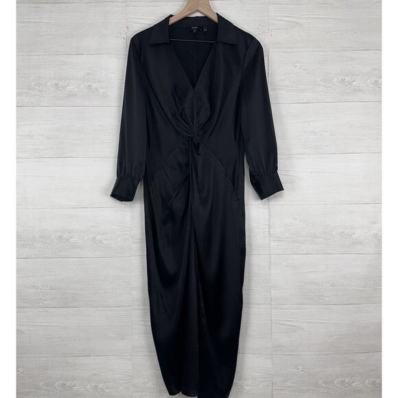 Theory Womens Black Satin Sheath Dress Size 8 Twist-Front Long-Sleeve V Neck - Picture 15 of 16